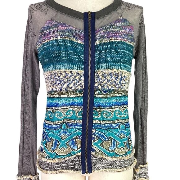 KAKTUS Cardigan Sweater Jacket Size S Blue Gray Patchwork Knit Mesh Zip Up Y2K - Picture 2 of 9